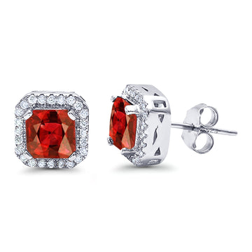 Halo Stud Earrings Wedding Princess Cut Simulated Garnet CZ Solid 925 Sterling Silver